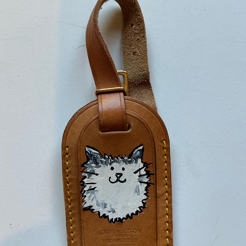 Louis Vuitton Leather Luggage Tag with Cat Illustration